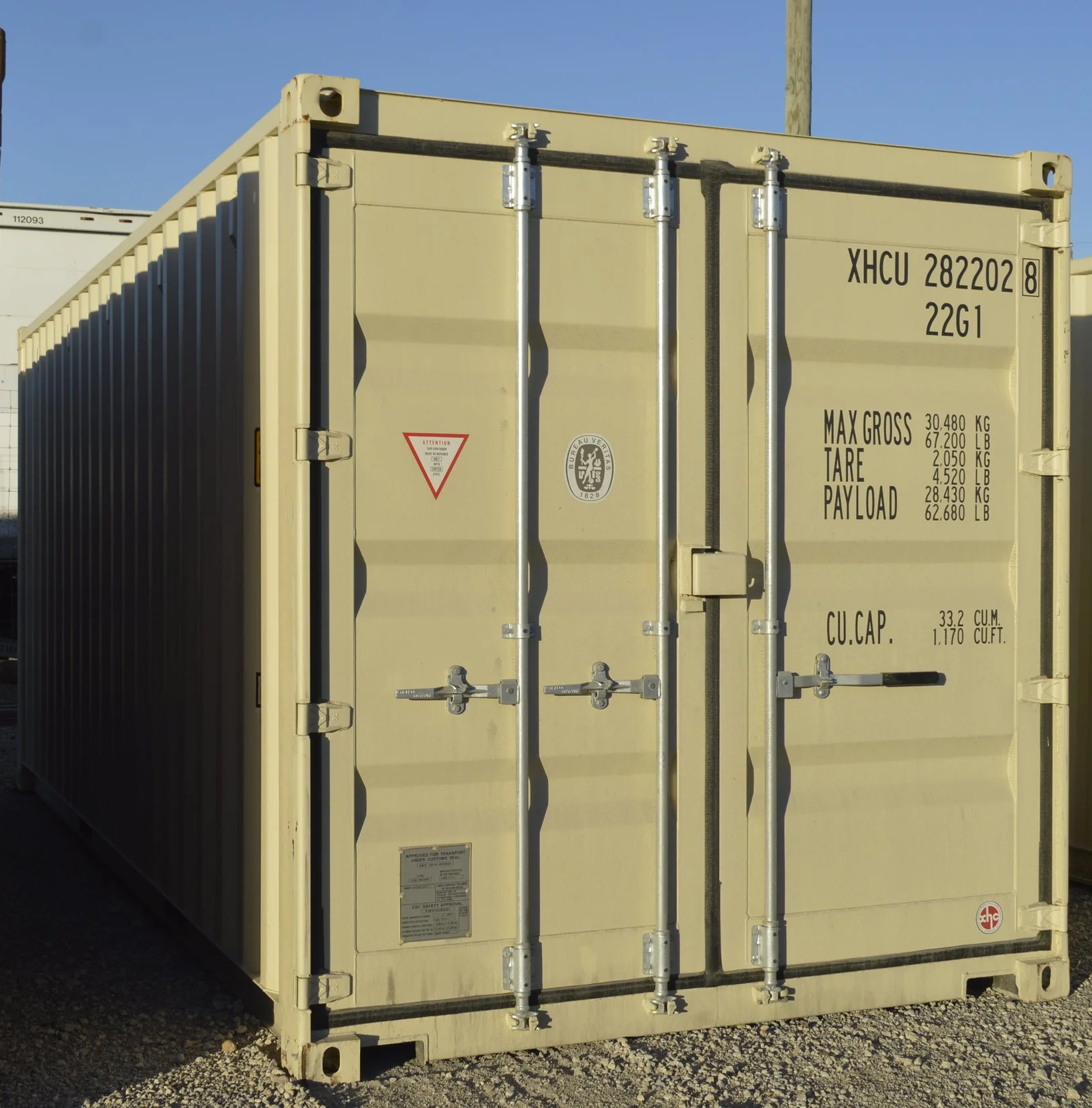 One Trip 20 ft storage container in Fort Worth, TX with steel exterior, double swing doors, and visible corner casting. Wind and water tight condition.