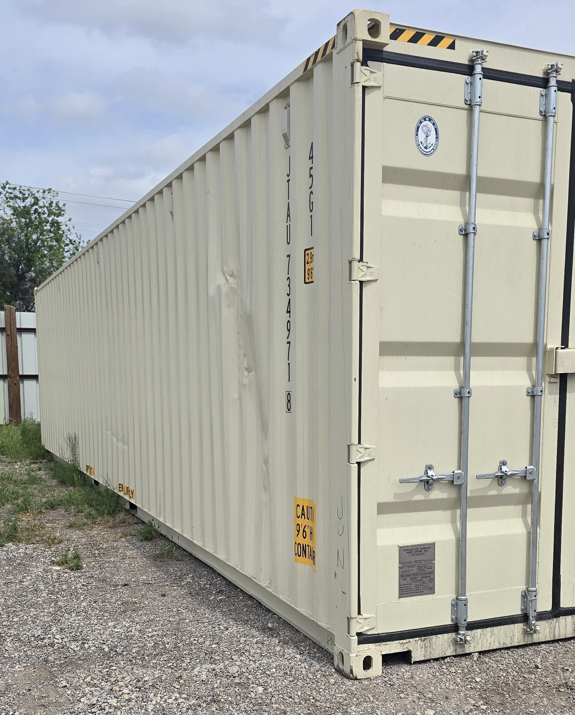 Left side view of 40 ft one trip shipping container with corrugated steel panels