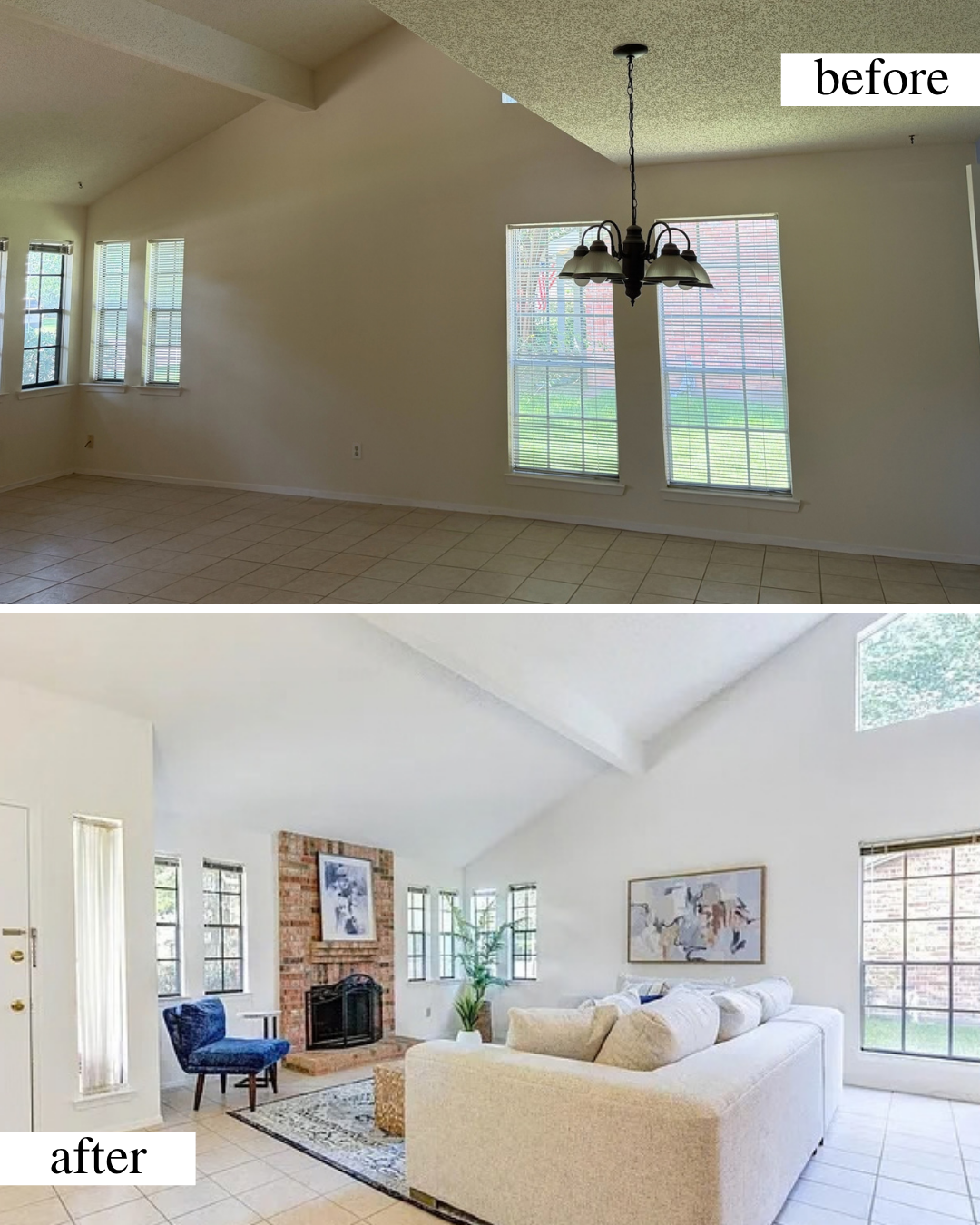 Living Room Before & After - pre-listing renovation project includes interior painting, deep cleaning and staging. 