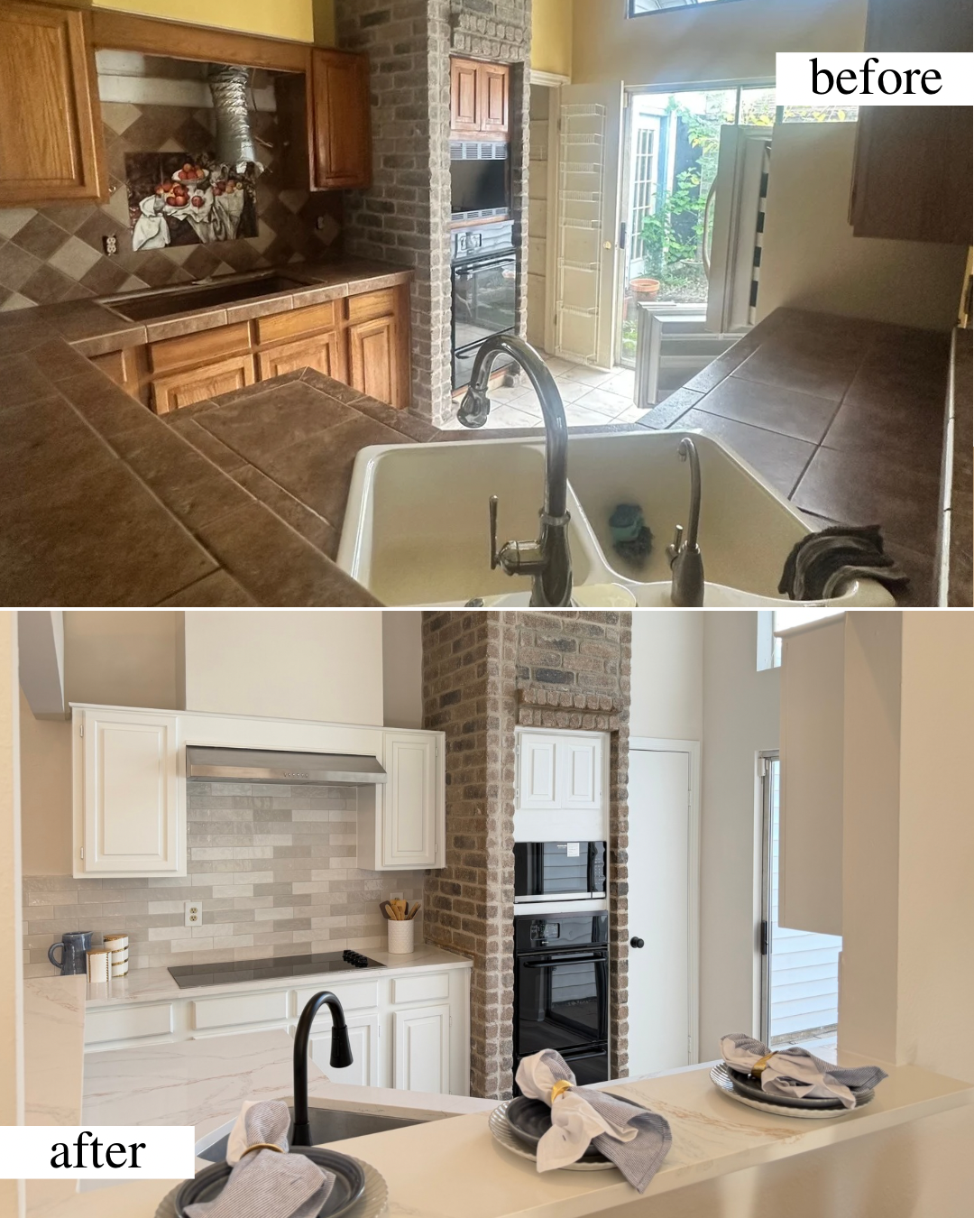 Kitchen Before & After - fresh paint (walls and cabinetry), updated flooring, countertops, backsplash, light fixtures, appliances, and sink. 