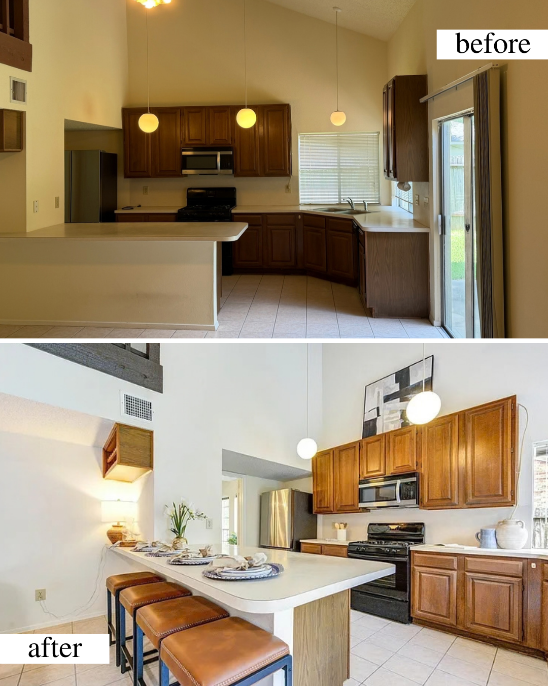 Kitchen Before & After - pre-listing renovation project includes interior painting, deep cleaning and staging. 