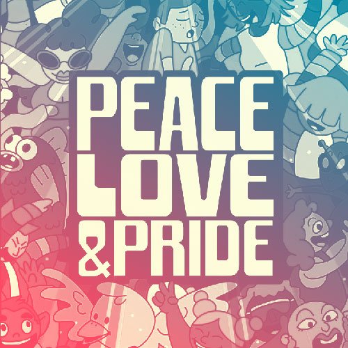 Illustration of diverse cartoon characters celebrating peace, love, and pride with bold text in the center. Woodstock NY Pride. peace, love and pride