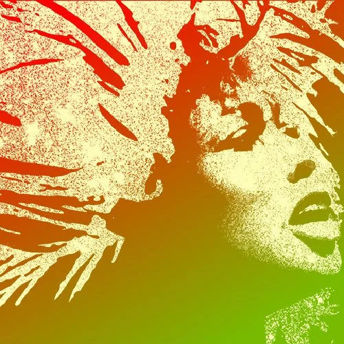 Silhouette of a woman with sunglasses, with a gradient background of yellow, orange, and green, and abstract lines surrounding her face. Tina the Tina Turner Musical