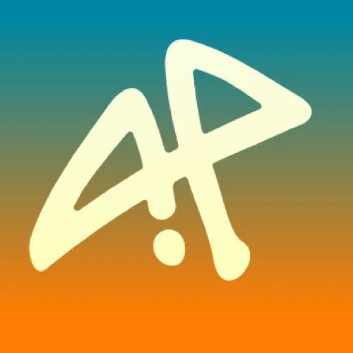 Abstract graphic with a gradient background from teal to orange and white stylized graffiti or calligraphic design. AP Brand Group Alexy Posner