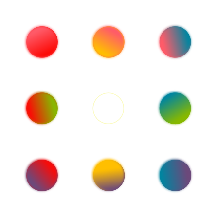 A grid of nine colorful circles, each with a different gradient and hue, arranged in three rows and three columns.