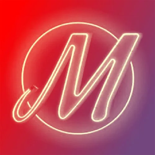 Neon sign with script letter 'M' inside a circle on a red-to-purple gradient background. The Mousetrap
