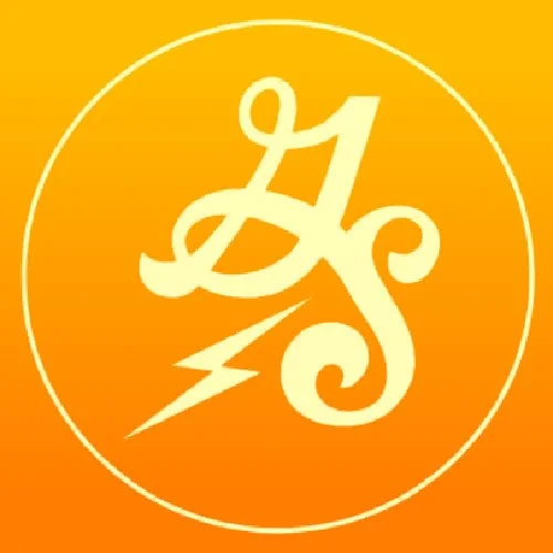 A circular logo with a yellow-orange gradient background, featuring stylized white initials 'L S' and a lightning bolt.
