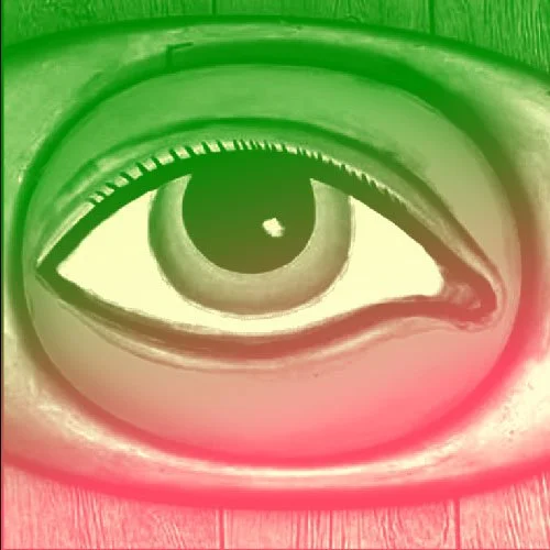 Close-up of a human eye with an artistic overlay of green, white, and pink colors. Bergen Street Brooklyn