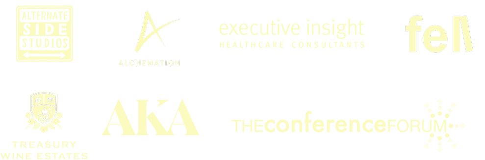 Collection of logos for various companies and organizations on a black background, including Alternate Side Studios, Alchemy, Executive Insight, FEL, Treasury Wine Estates, AKA, and The Conference Forum.