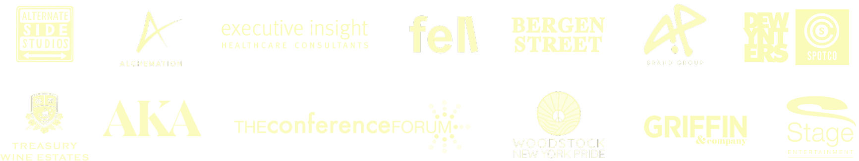 A collage of various logos of brands and organizations in black and beige colors.