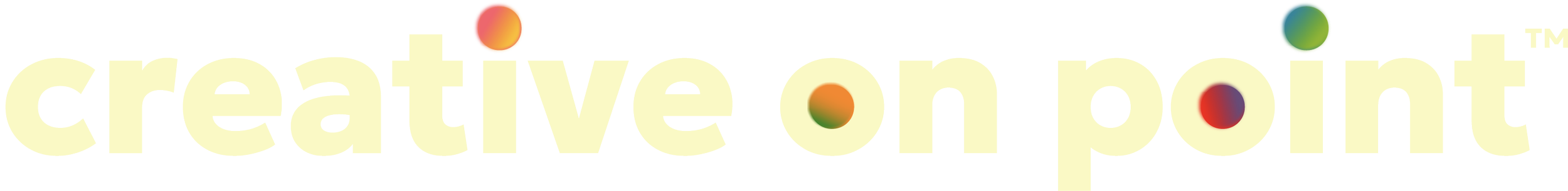 Graphic with the phrase "creative on point" in large, light yellow letters outlined in dark, with colorful spheres on top of some letters.
