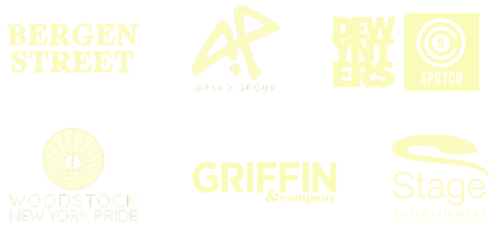 Logos of brands and organizations, including Bergen Street, AP Brand Group, Woodstock New York Pride, Griffin & Co., Stage Entertainment, Dewynters, SpotCo, AKA, Fell Coaching, Executive Insight, Alchemation, Alternate Side Studios