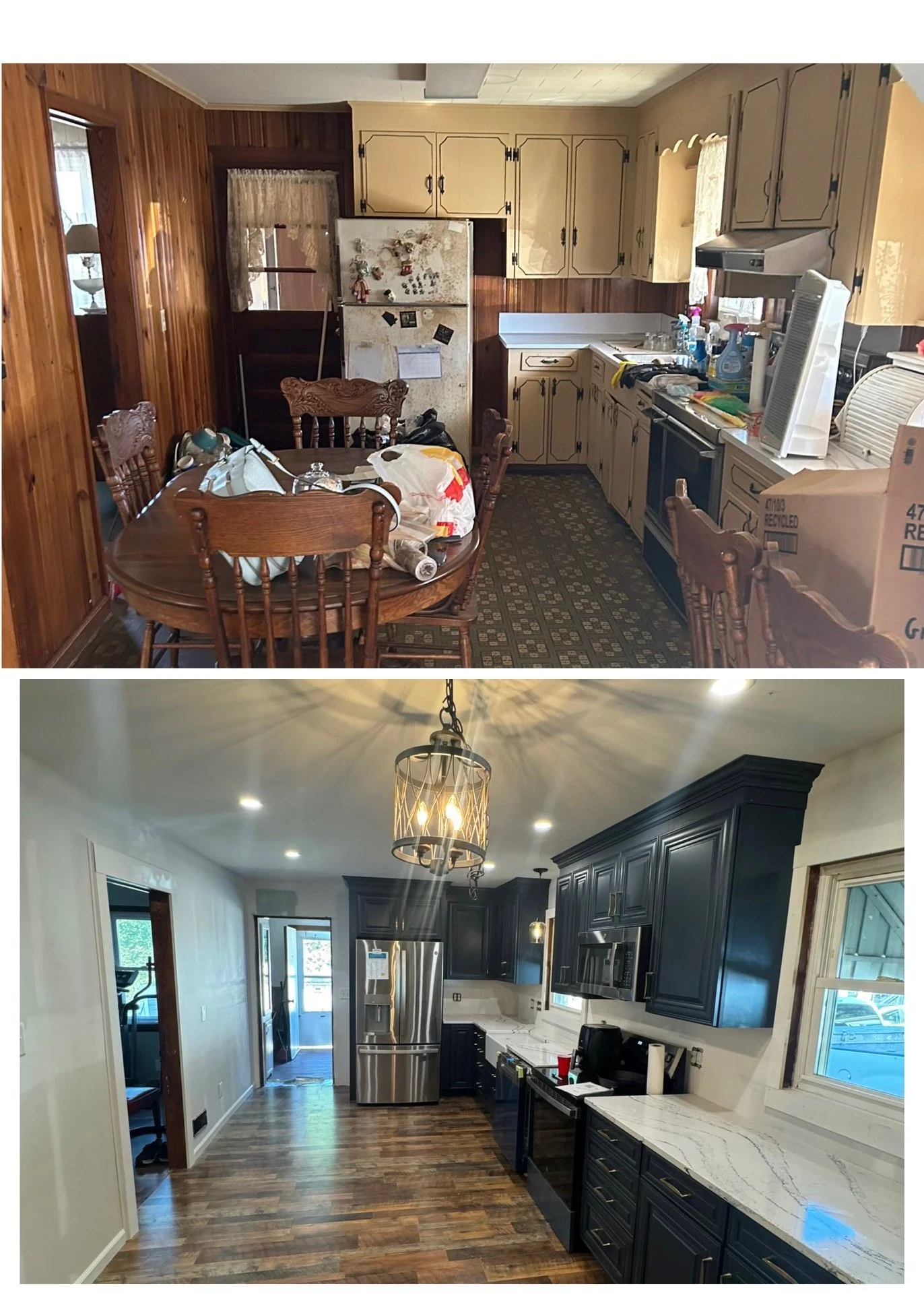 Comparison of two kitchens, one cluttered and outdated with wood paneling, old cabinets, and cluttered table, and the other modern with black cabinets, stainless steel appliances, and polished wood flooring.