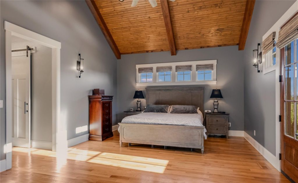 Bedroom with wooden vaulted ceiling, gray walls, large bed with gray headboard, nightstands with lamps, tall wooden dresser, hardwood floor, and windows with blinds.