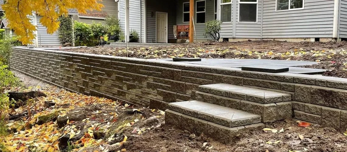 Recently built brick retaining wall with steps leading to a backyard patio, surrounded by autumn leaves and a house in the background.