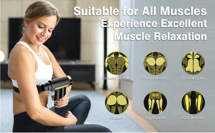 A smiling woman in workout attire sitting on the floor and holding a massage gun. Overlaid text promotes muscle relaxation and features diagrams of shoulder, gluteal, back, leg, and calf muscles.