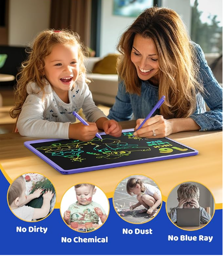A woman and a young girl drawing on a black slate board with neon markers, smiling while engaging in a creative activity.