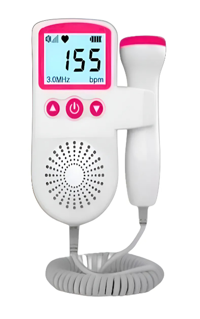 A digital fetal doppler device showing a heart rate of 155 bpm, with pink and white colors, buttons for power and volume control, and a handheld probe connected by a coiled cord.