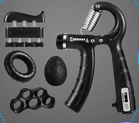 Black massage gun with attachments including a fork, round ball, flat head, and a textured head, all displayed on a gray background.