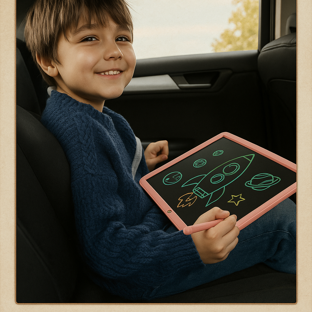 A smiling young boy sitting in the backseat of a car, holding a pink tablet with a drawing of a rocket, planets, and stars on its screen.