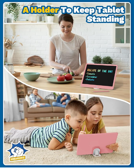A woman standing at a kitchen counter using a tablet on a holder, with a chalkboard displaying the day's recipe. Below, two children lie on the floor, also using a tablet holder.