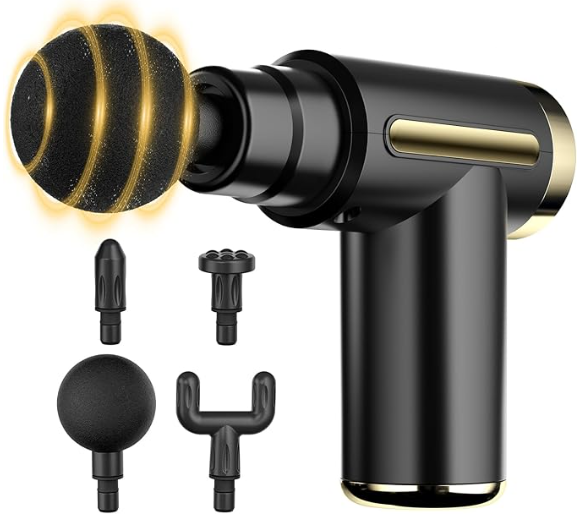 A black and gold percussion massage gun with four interchangeable massage heads positioned around it.