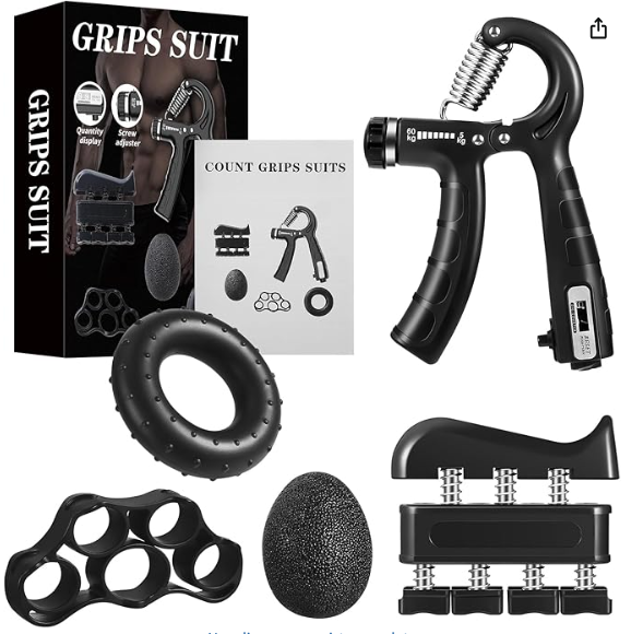 A fitness grip strength training kit with a grip strengthener, adjustable handle, foam grip ring, finger grip attachments, and various accessories for hand and finger strength exercises.