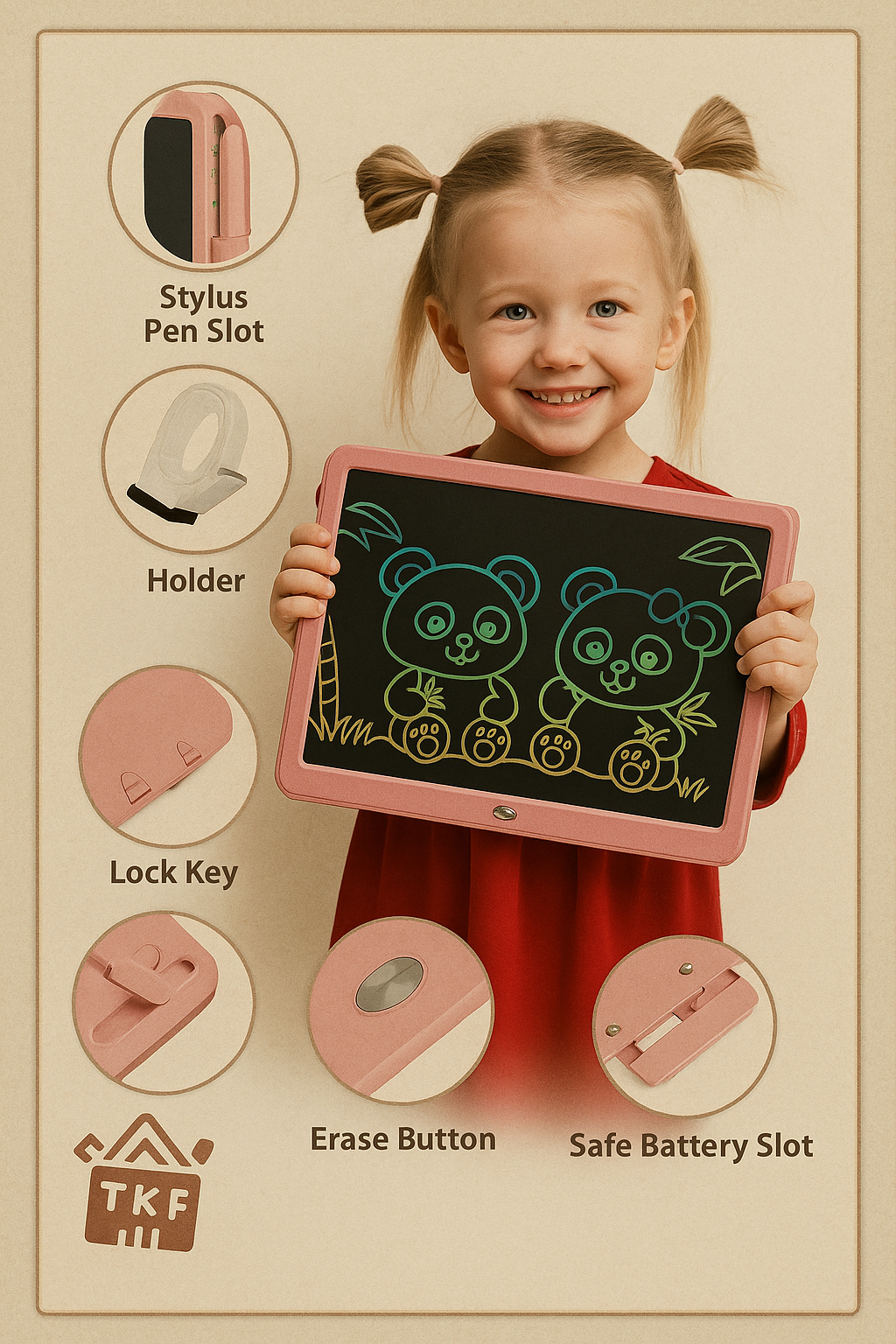 Young girl in red dress holding a pink and black drawing tablet with a panda illustration on the screen, surrounded by illustrations of a stylus pen slot, holder, lock key, erase button, and safe battery slot.