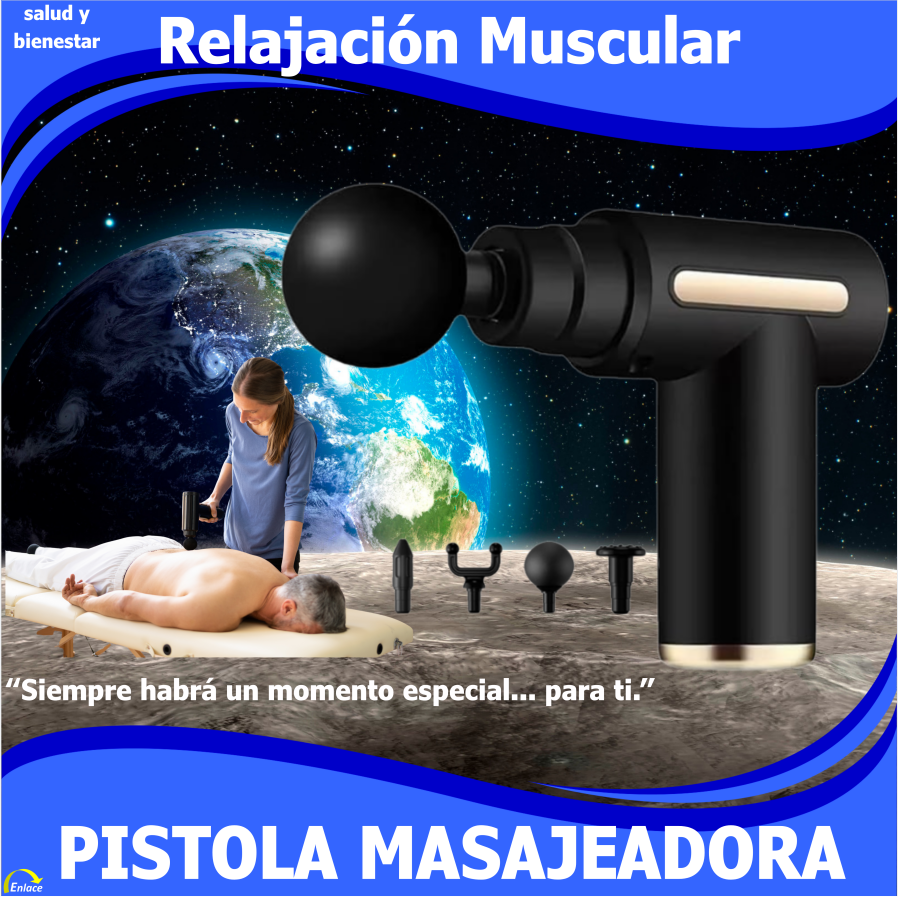 A massage gun in the foreground with a woman giving a massage to a man lying on a table in a space-themed background showing Earth and stars. Various massage attachments are displayed below the gun. The top text reads 'Relajación Muscular,' and the b