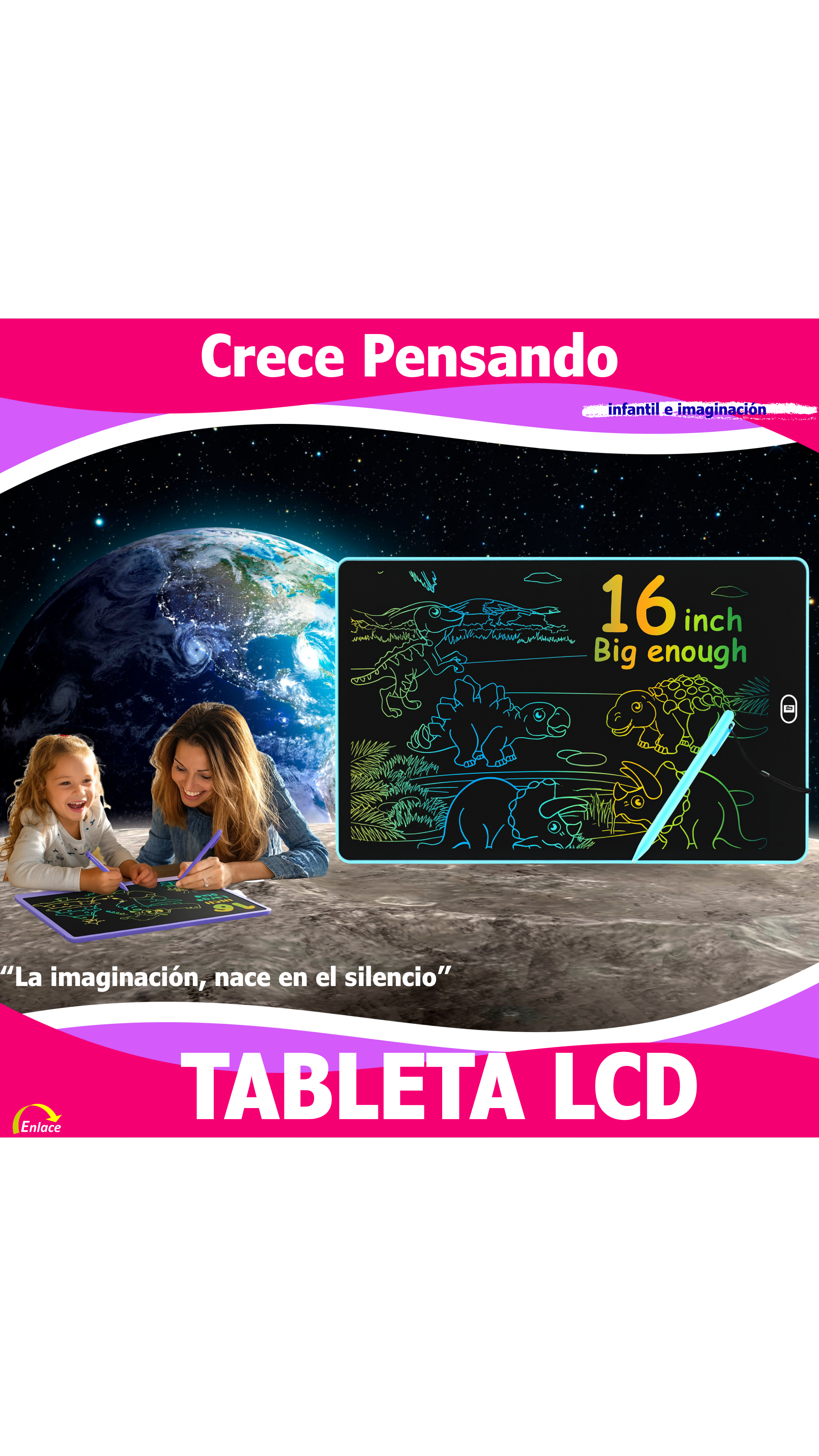 Packaging for a 16-inch LCD tablet designed for children, featuring colorful dinosaur drawings and an Earth background, with a picture of a woman and a girl playing with the tablet.