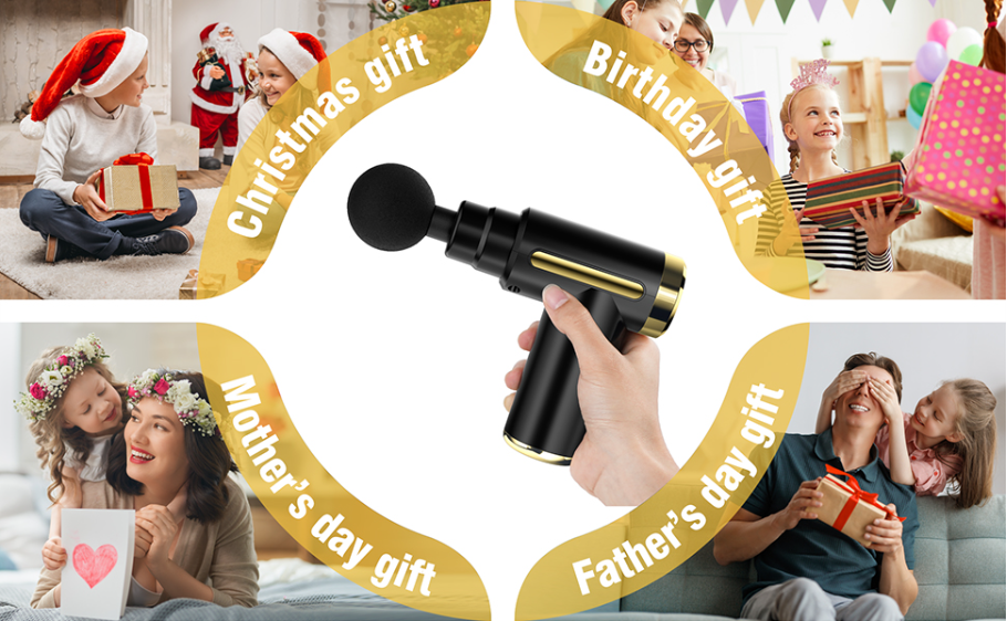 Diagram of a massage gun surrounded by images of children and adults exchanging gifts for Christmas, birthdays, Mother's Day, and Father's Day.