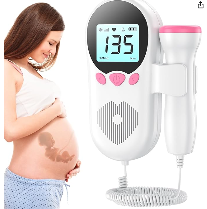 Pregnant woman with an ultrasound image appearing on her belly, next to a handheld fetal Doppler device with a digital screen showing a heart rate of 135 bpm.