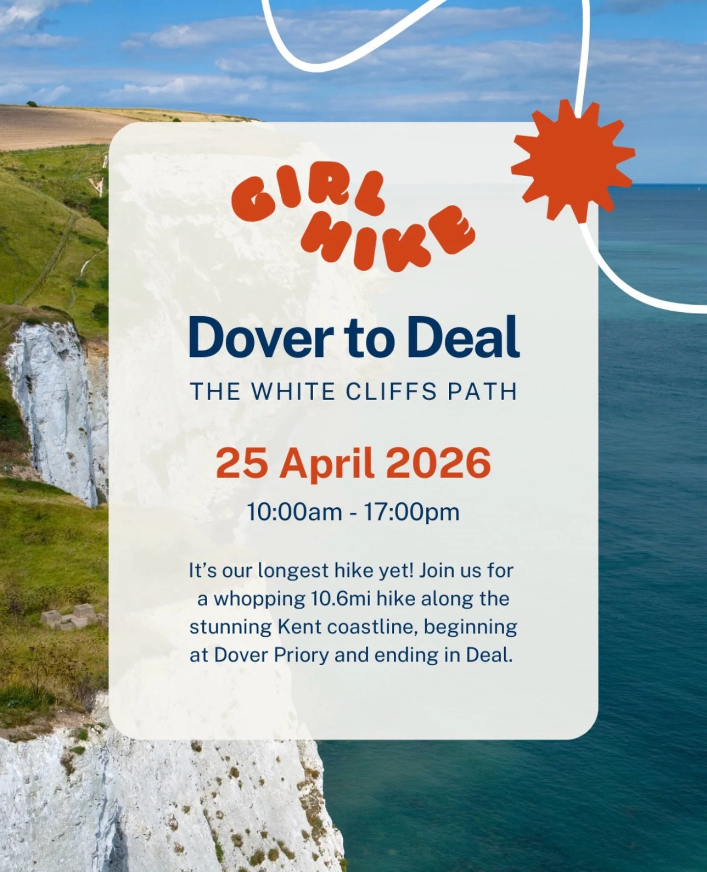 Come and join us for our April hike! 🌼🌱✨🌊

It&rsquo;s our longest hike yet! 

Get ready for a whopping 10.6 mile hike along the stunning Kent coastline, beginning at Dover Priory and ending in Deal. 

We&rsquo;ll trek across the White Cliffs of Do