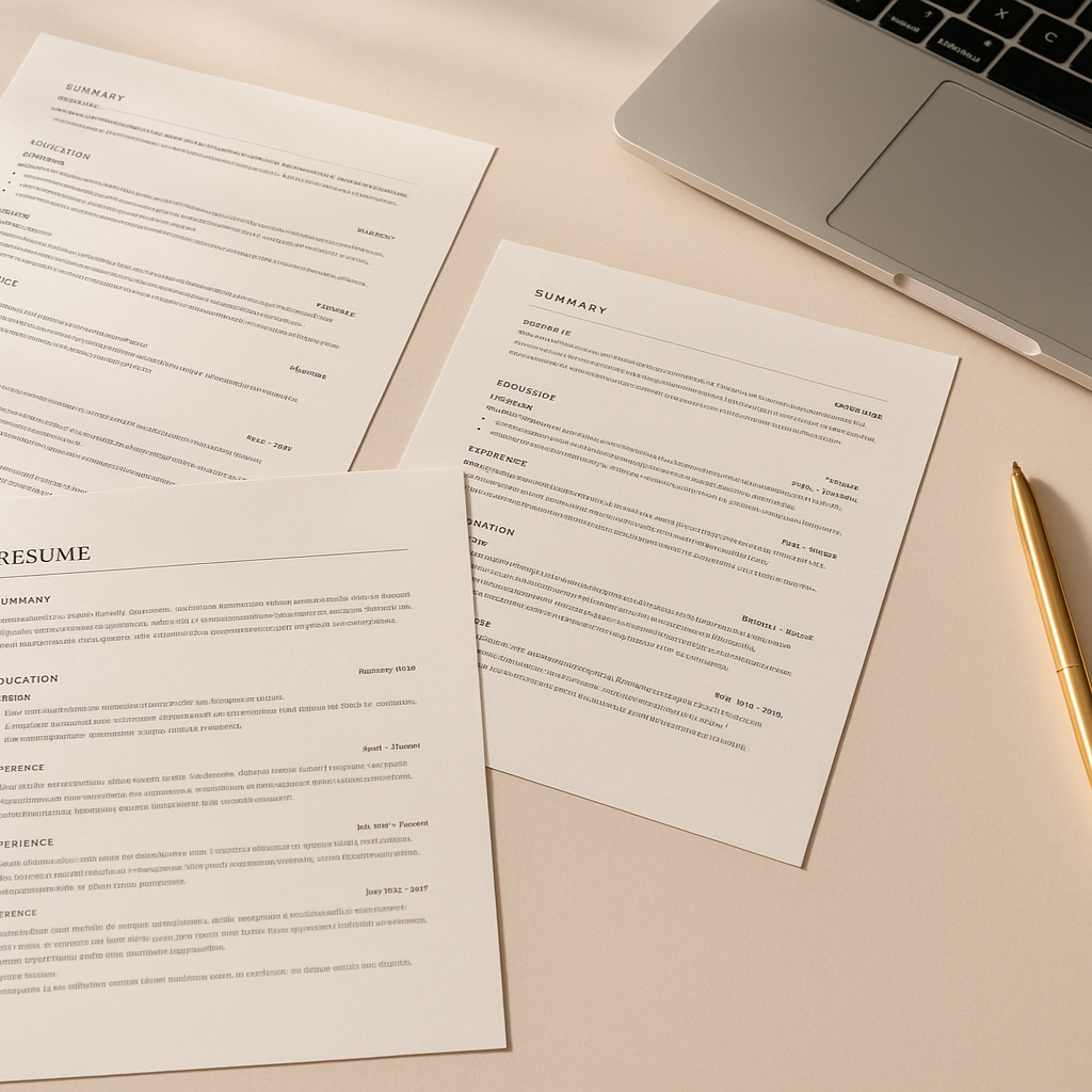 Three sheets of paper with resumes and a gold pen next to a laptop on a light-colored desk.
