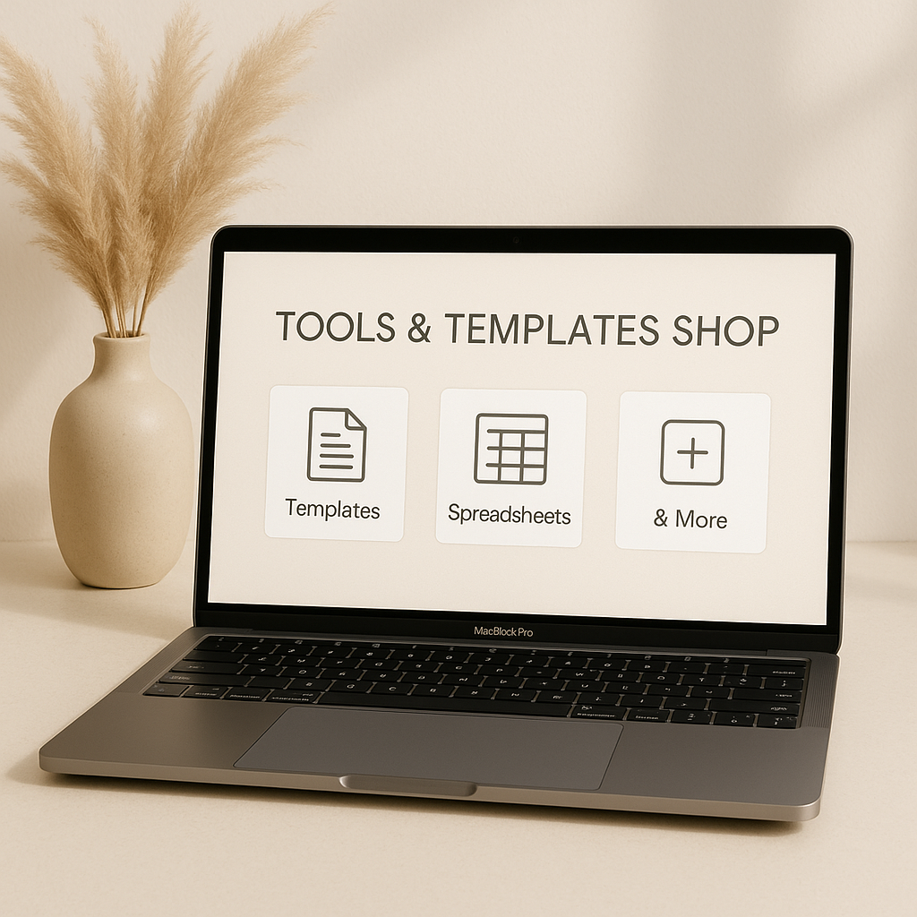 A laptop on a white desk displaying a shop menu for tools and templates, with options for templates, spreadsheets, and more. There is a beige vase with pampas grass to the left of the laptop.