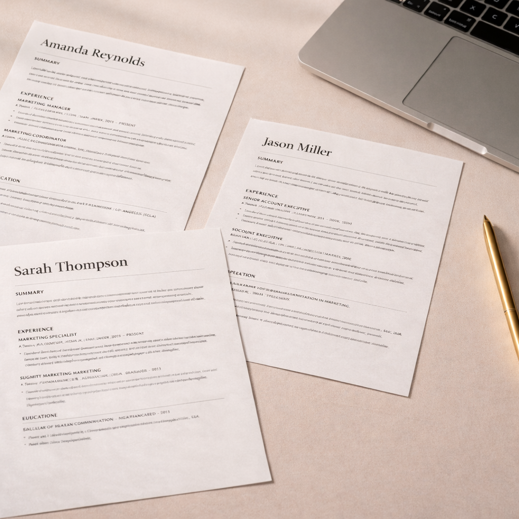 Three resumes and a laptop on a beige desk, with a gold pen on the right side.