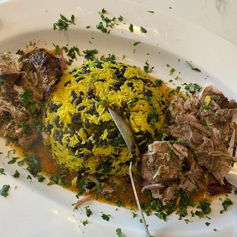 cuban pork roast with rice and beans