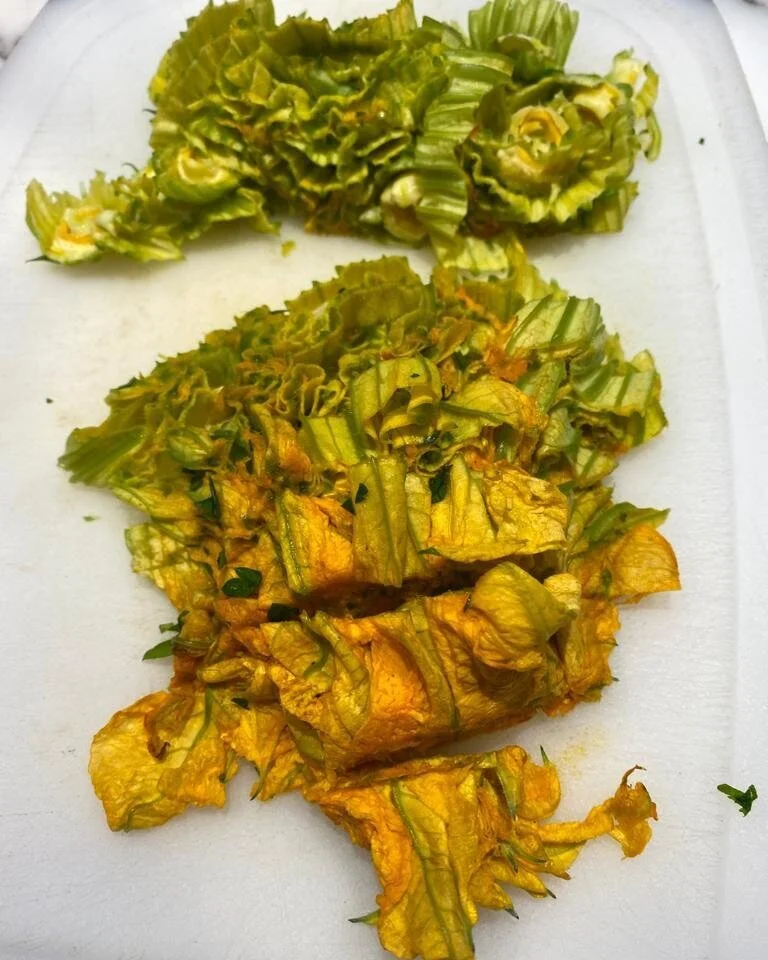 preparing squash blossoms