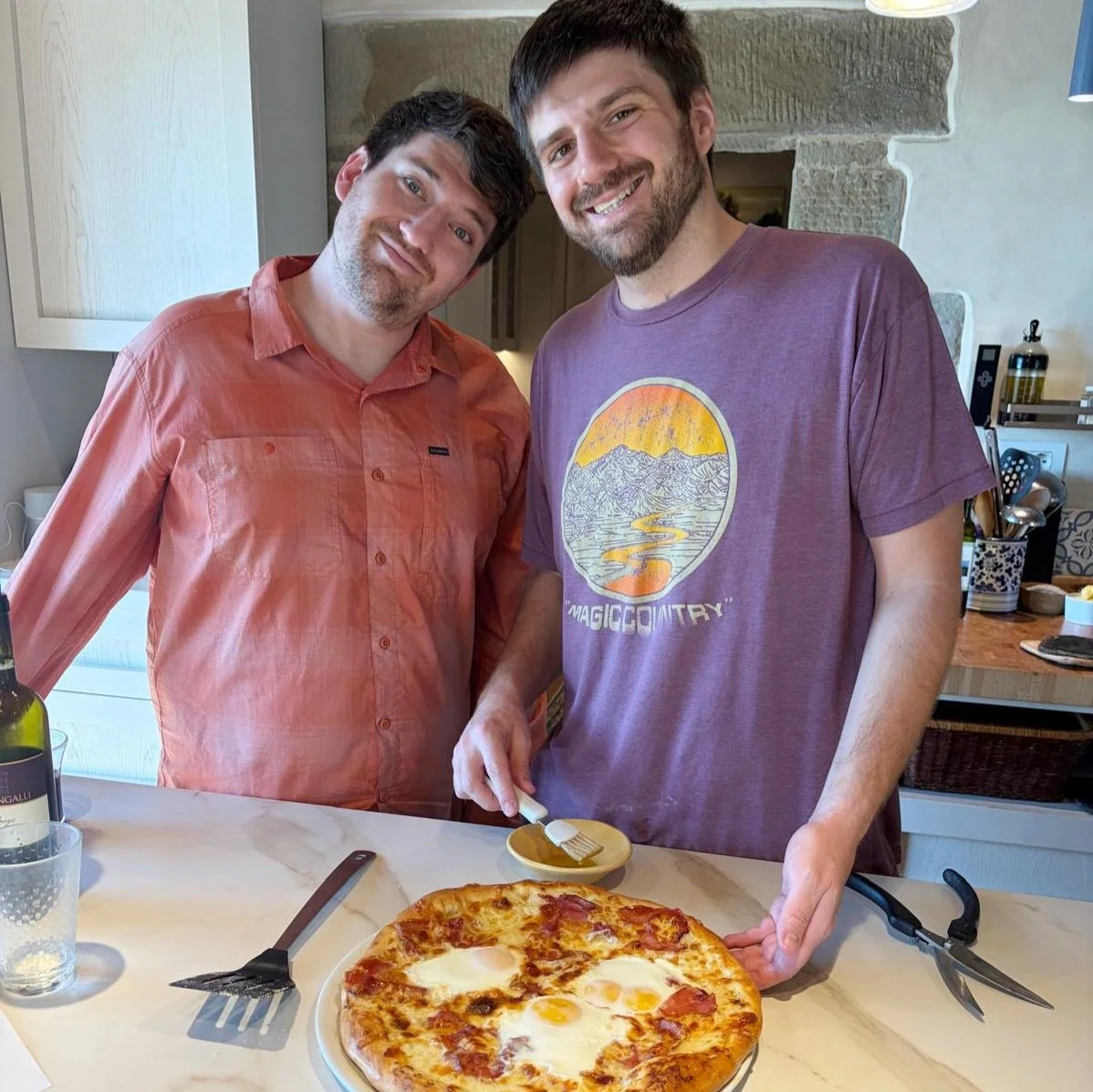 Our lunch of a breakfast pizza for birthday boy Hayes, Lex, and me! Complete with birthday greetings and song! It reminded me of the classic San Francisco restaurant Rosa Pistola on Union Street (sadly now closed). 
+
Such fun. Perfect weather. Looki