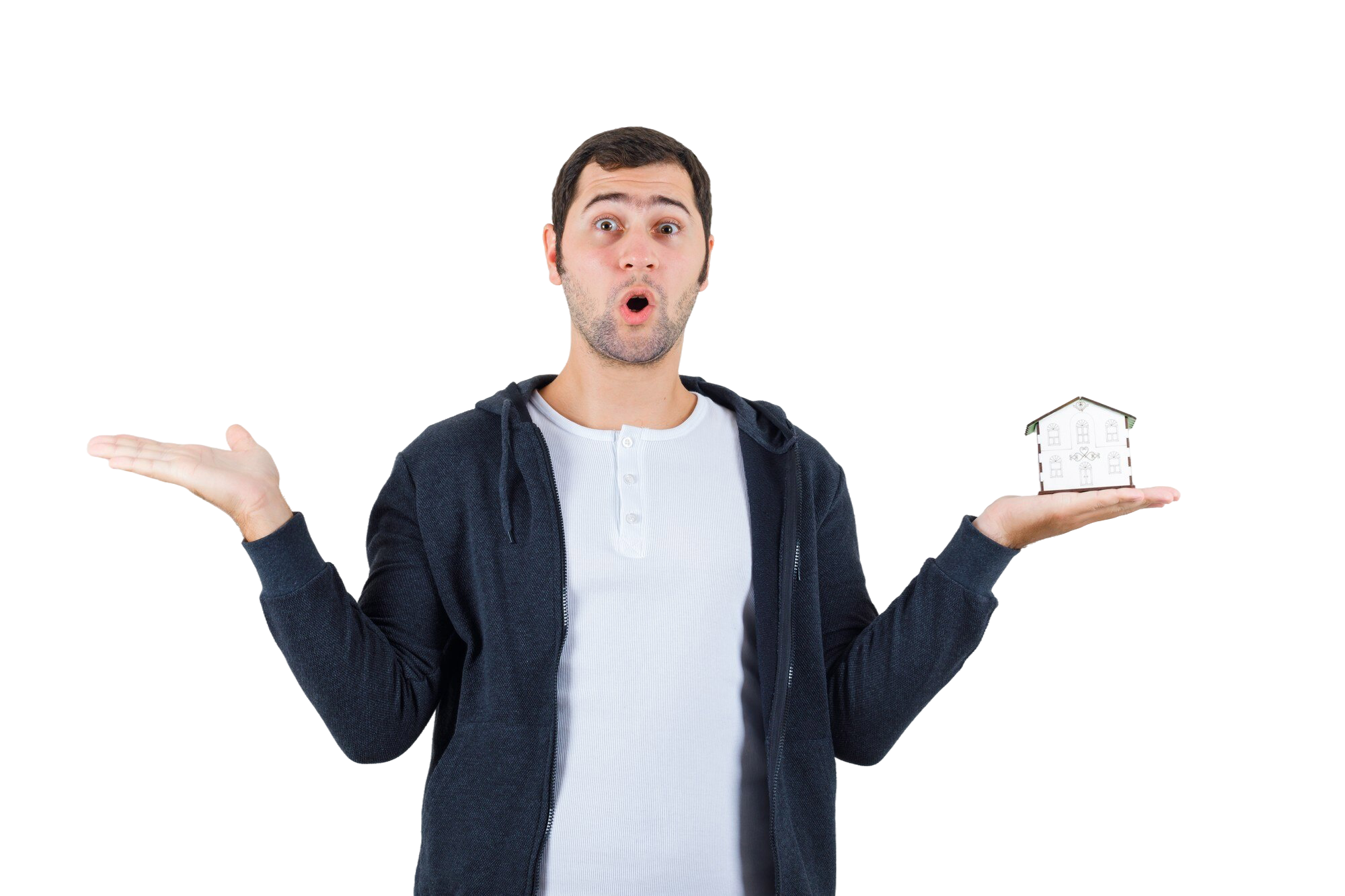 A surprised man holding a small model house on his right hand and gesturing with his left hand.