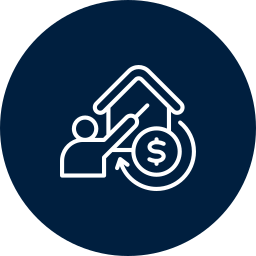 A person pointing at a house with a dollar sign in front, representing real estate or financial investment.