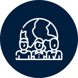 Icon of three people with a globe in the background, representing global teamwork or international collaboration.