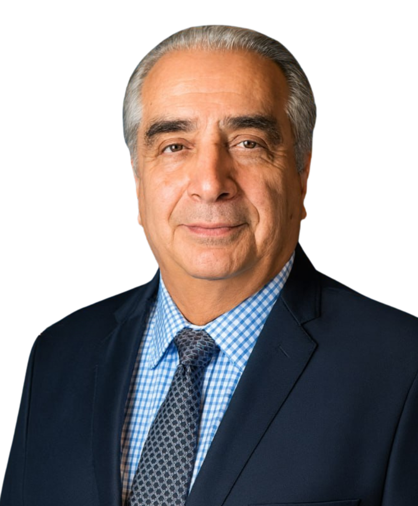 Portrait of a middle-aged man with gray hair wearing a navy blue suit, light blue and white checkered shirt, and a gray patterned tie.