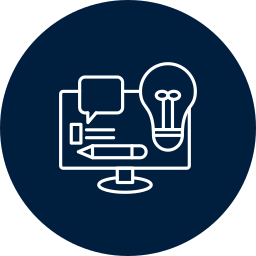 Icons of a computer monitor with a speech bubble and a light bulb, representing ideas or innovation.