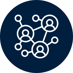 Icon of a network of interconnected people with circles and lines on a dark blue background.