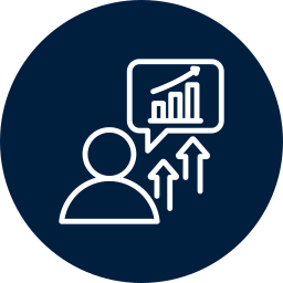 Icon of a person with a speech bubble showing a rising bar chart and upward arrows representing growth or progress.
