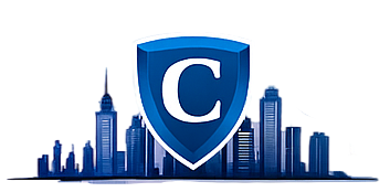 Illustration of a city skyline with a shield and a large letter 'C' representing cybersecurity.