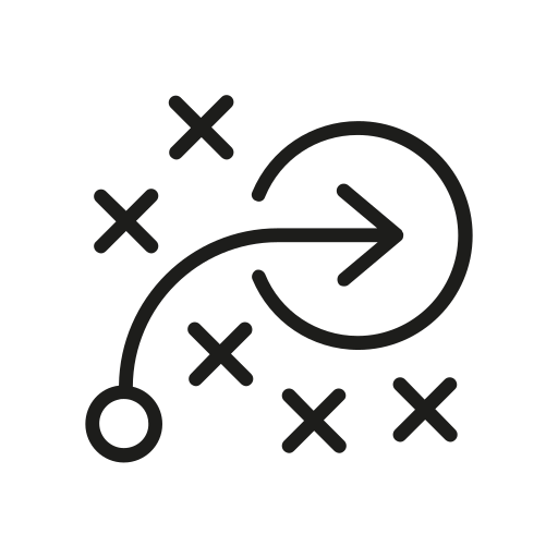 A diagram of a strategic play with a starting point, an arrow indicating movement, and multiple 'X's marking positions, resembling a sports tactic or game plan.