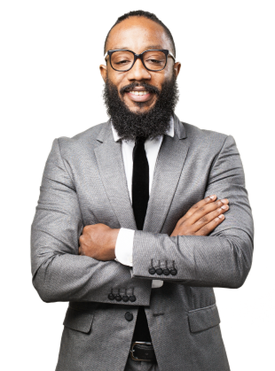 Portrait of a smiling man in a gray suit, white shirt, black tie, glasses, with arms crossed.
