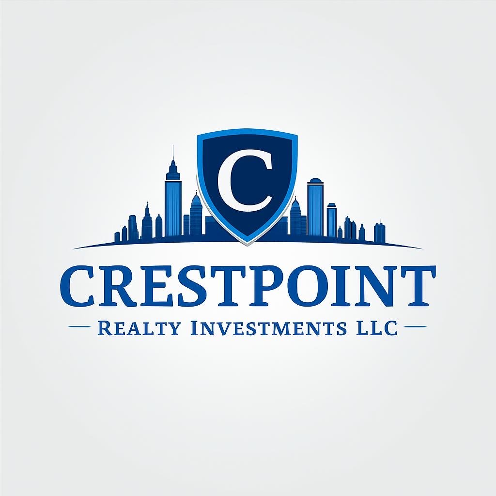 Logo for Crestpoint Realty Investments LLC featuring a city skyline and a shield with the letter C